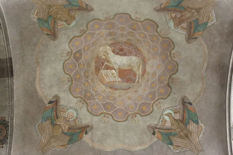 Agnus Dei ceiling fresco with four evangelists and stars