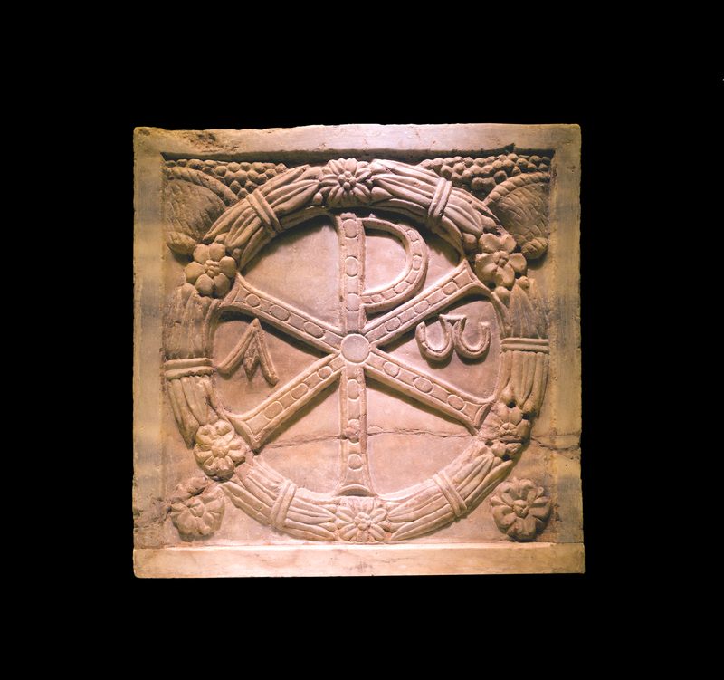 Chi Rho monogram carved in marble, 4th century sarcophagus